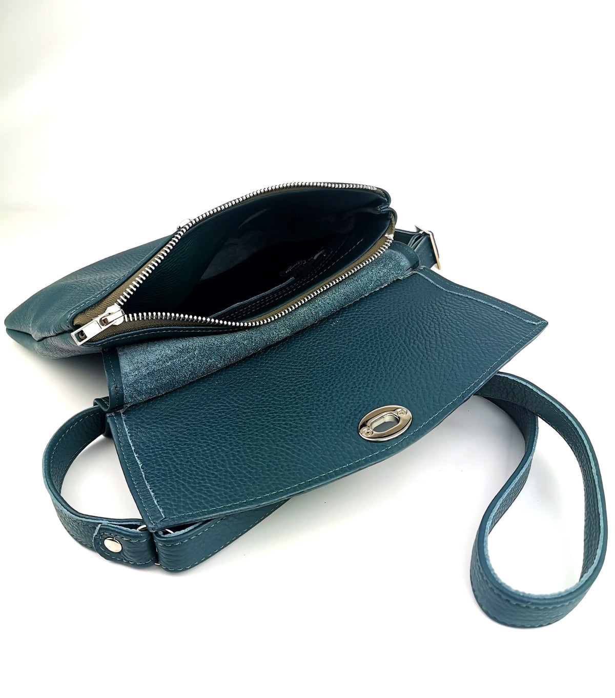 Mom belt bag in teal pebbled leather
