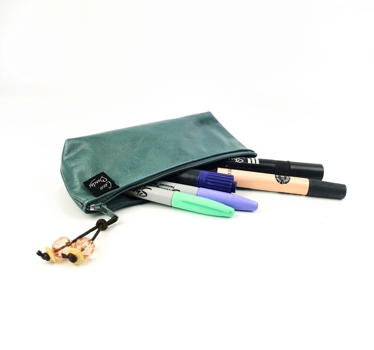 Pencil case in teal leather