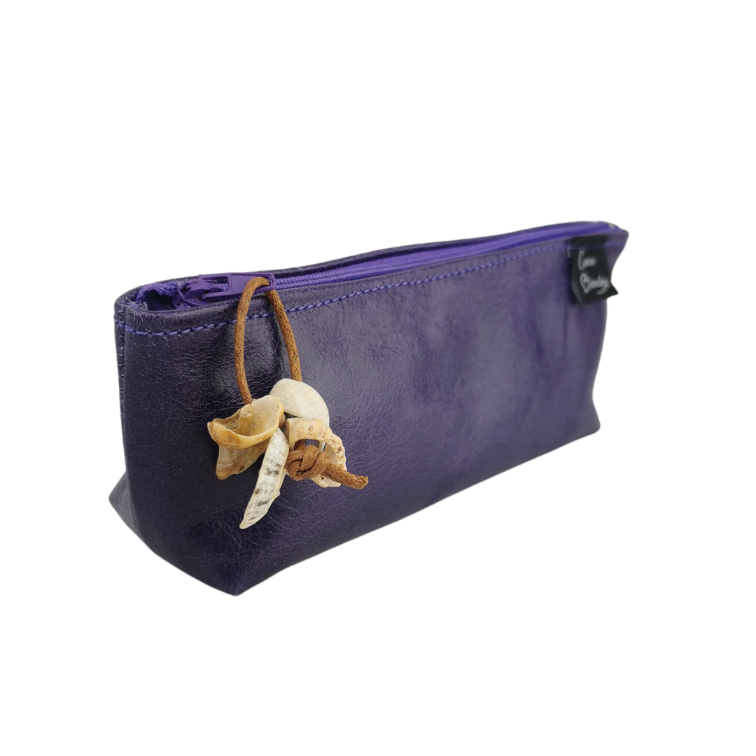 Pencil case/ make up purse in purple leather