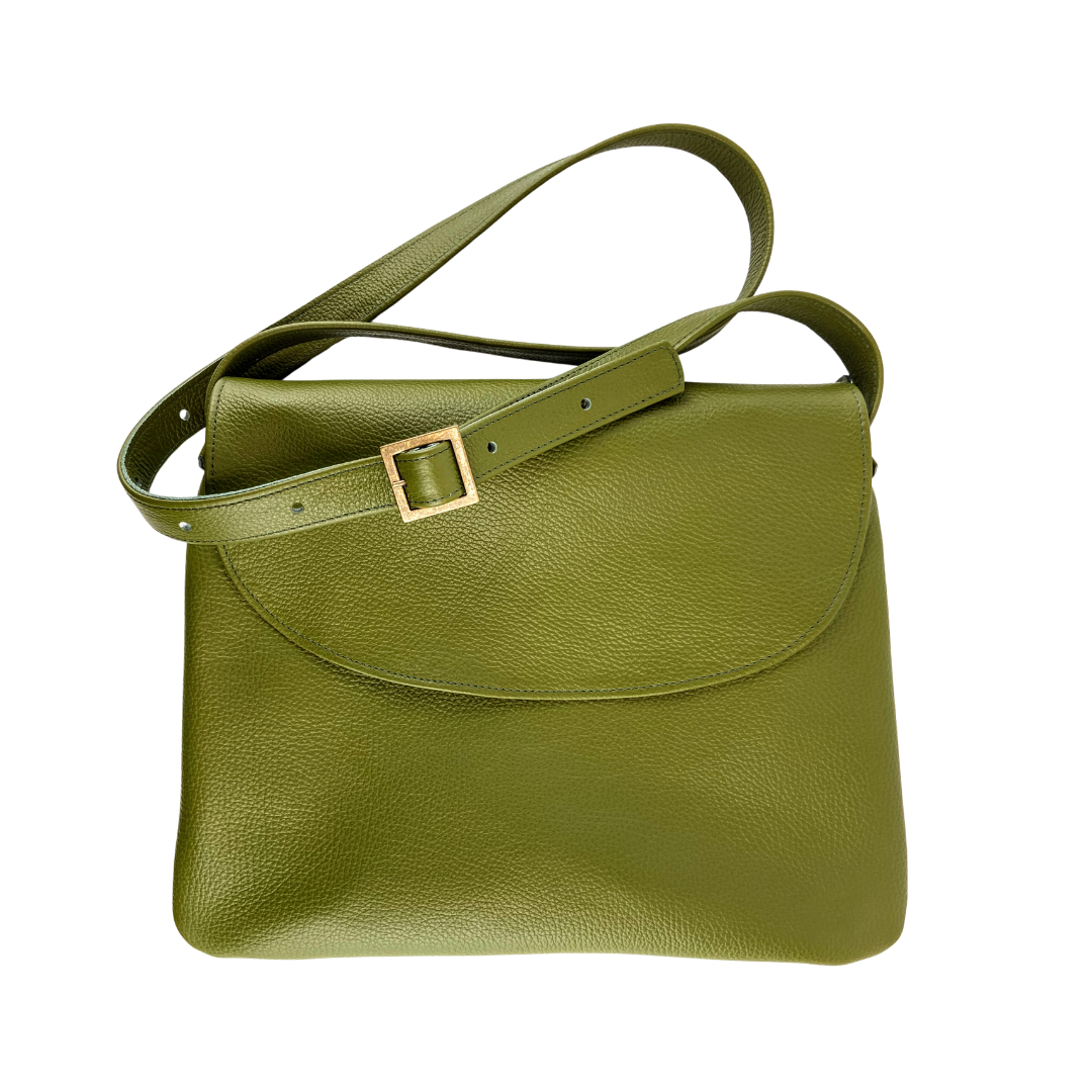 Minny Satchel with back pocket in olive pebble leather